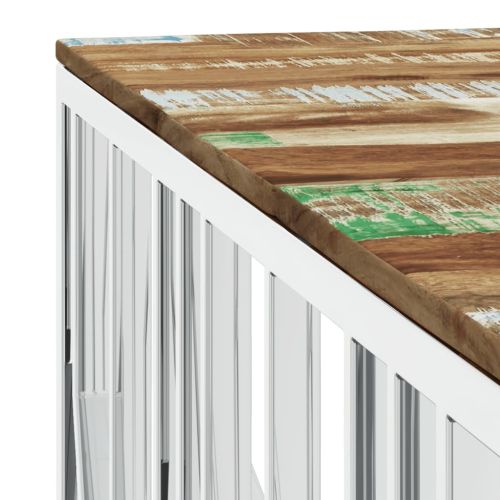 Кафе маса, сребриста, инокс и регенерирано дърво масив