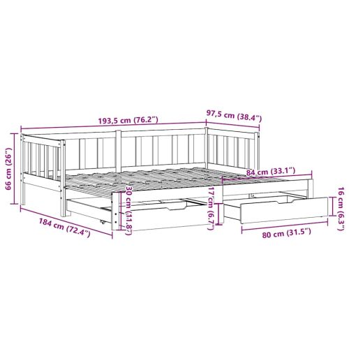 Дневно легло с уширение и чекмеджета без матрак бял 90x190 см
