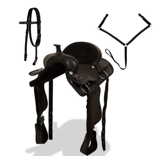 Уестърн седло, оглавник и опас, естествена кожа, 17", черно