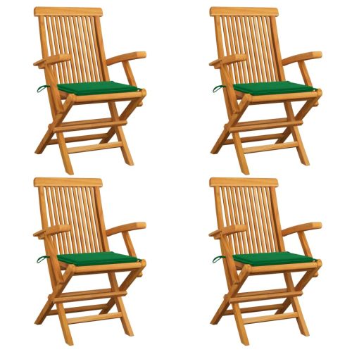 Градински столове със зелени възглавници 4 бр тик масив