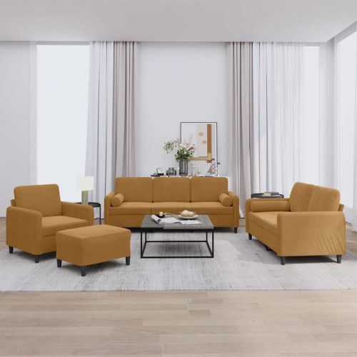 Комплект дивани 4 части с възглавници, кафяв, кадифе