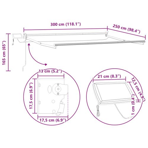 Ръчен изтеглящ сенник с LED светлини Бяло и антрацит 3 x 2,5 m