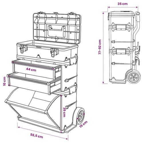 Кутия за инструменти на колела, 3 отделения, цвят сребърен