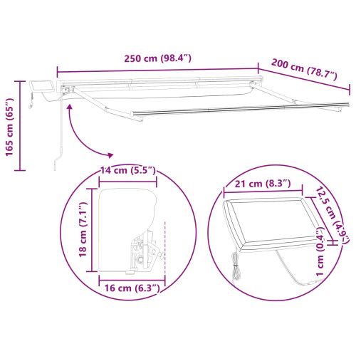 Ръчна рамка за сенник с LEDs Кремав и антрацит 2,5 x 2 m