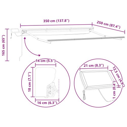Ръчна рамка за сенник с LEDs Жълто, Бяло, Антрацит 3,5 x 2,5 m