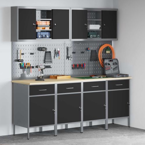 Работен кабинет 10 pcs Черно Инженерна дървесина и стомана