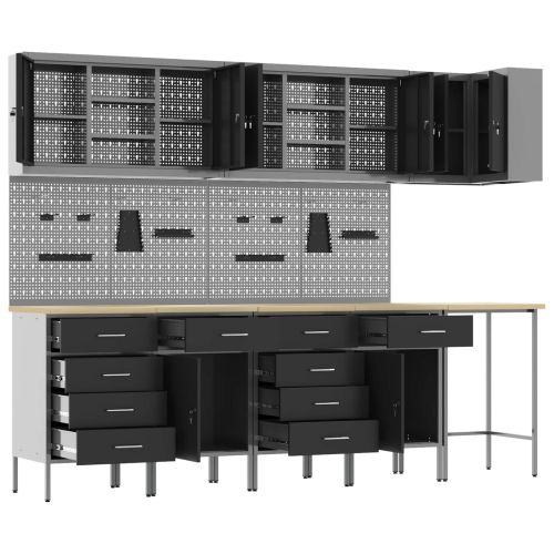 Комплект работни шкафове с чекмедже с рафт 12 pcs Черен и Сив