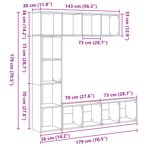 Рафт за книги 3 pcs Черния дъб 36 x 30 x 143 cm Инженерно дърво