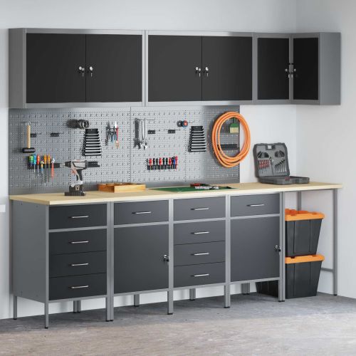 Комплект работни шкафове с чекмедже с рафт 12 pcs Черен и Сив