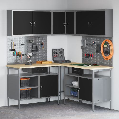 Комплект работни шкафове с чекмедже с рафт 10 pcs Черен и Сив