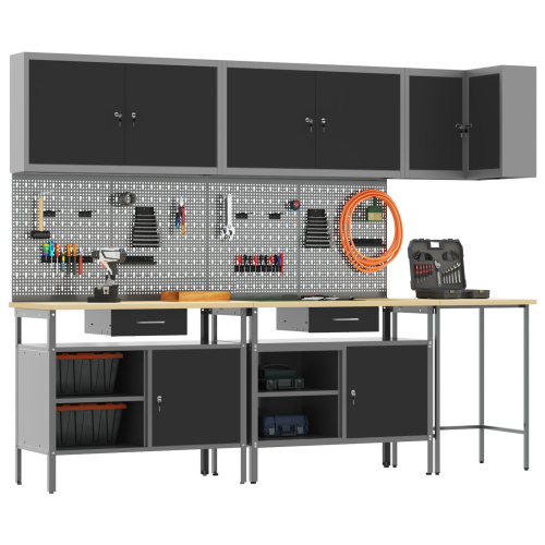 Комплект работни шкафове с чекмедже с рафт 10 pcs Черен и Сив