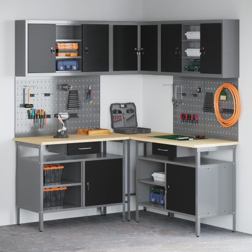 Комплект работни шкафове с чекмедже с рафт 10 pcs Черен и Сив