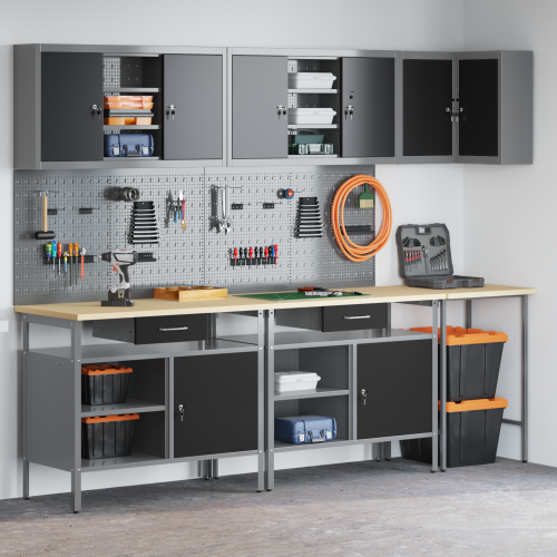 Комплект работни шкафове с чекмедже с рафт 10 pcs Черен и Сив