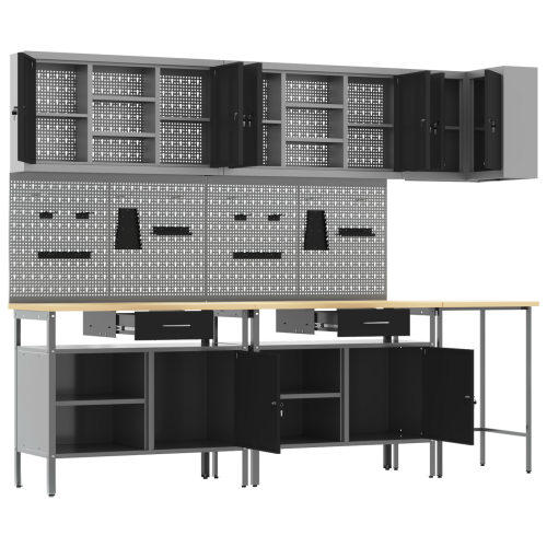 Комплект работни шкафове с чекмедже с рафт 10 pcs Черен и Сив