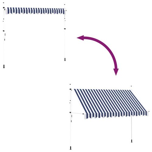 Ръчно прибиращ се сенник, 350 см, синьо-бели ивици