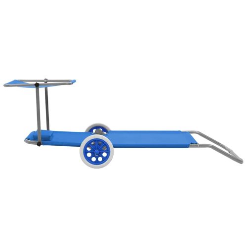 Сгъваем шезлонг с козирка и колелца, стомана, син