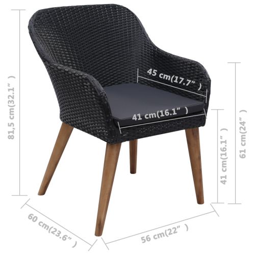 Градински комплект с възглавници, 7 части, черен полиратан