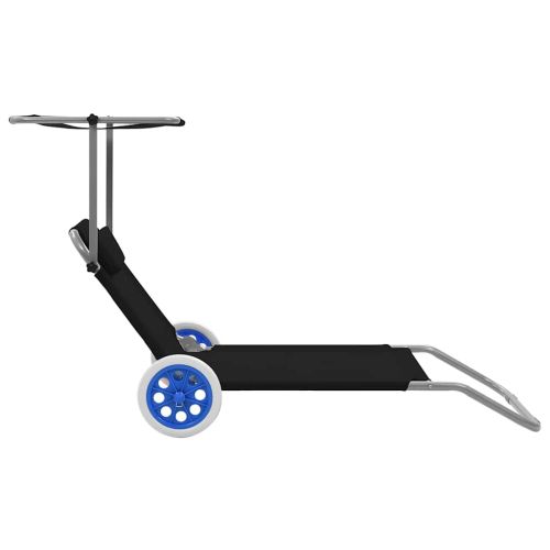 Сгъваем шезлонг с козирка и колелца, стомана, черен