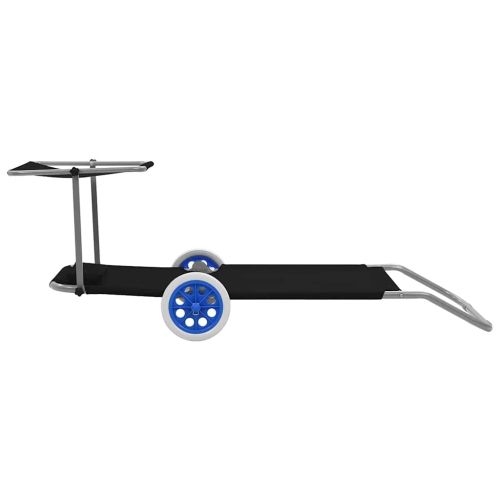 Сгъваем шезлонг с козирка и колелца, стомана, черен