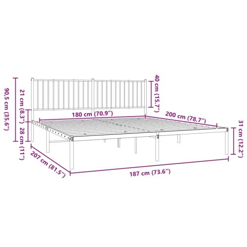 Метална рамка за легло с горна табла, бяла, 180x200 см