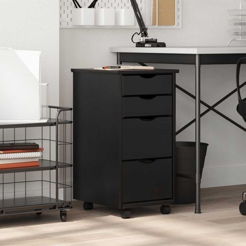 Подвижен шкаф с чекмеджета "MOSS" Черно масивно дърво бор