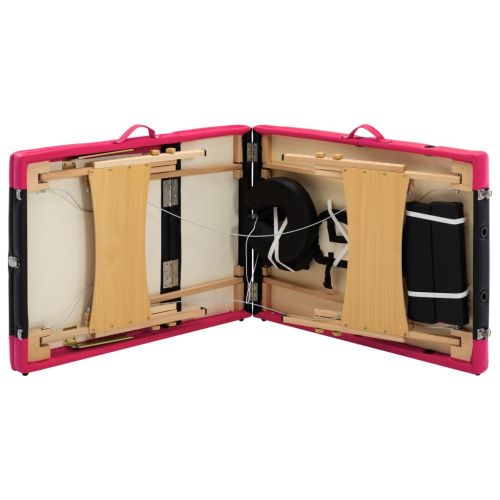 Сгъваема масажна кушетка, 3 зони, дърво, черно и розово