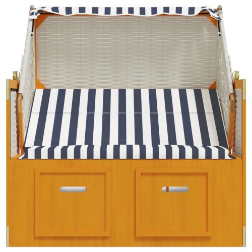 Strandkorb с навес, полиратан и масивно дърво, бяло и синьо