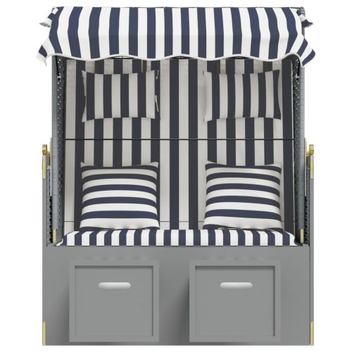 Strandkorb с възглавници, полиратан и масивно дърво, синьо/бяло