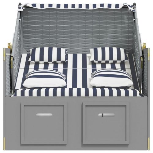 Strandkorb с възглавници, полиратан и масивно дърво, синьо/бяло