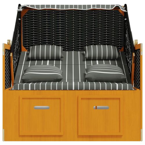 Strandkorb с възглавници, полиратан и дърво масив, черно и сиво