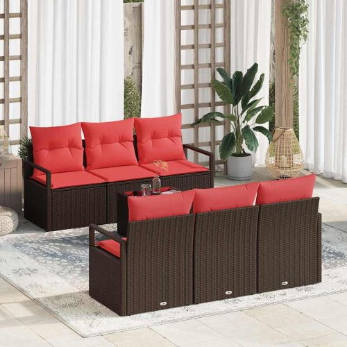 Комплект дивани с възглавница 7 pcs Кафяво и червено полиратан