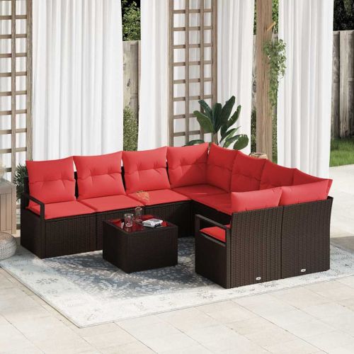 Комплект дивани с възглавница 9 pcs Кафяво и червено полиратан