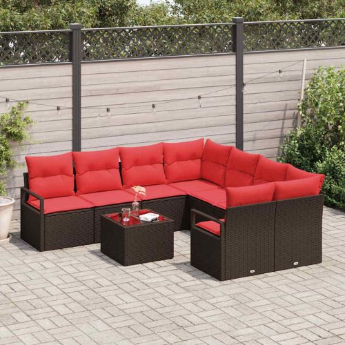 Комплект дивани с възглавница 9 pcs Кафяво и червено полиратан