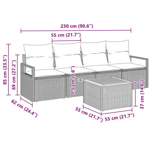 Градински Софа Комплект с възглавница 5 pcs Сив полиратан