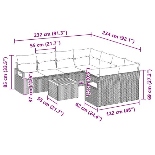 Градински Софа Комплект с възглавница 9 pcs Черно полиратан