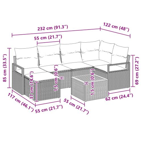 Градински Софа Комплект с възглавница 7 pcs Сив полиратан