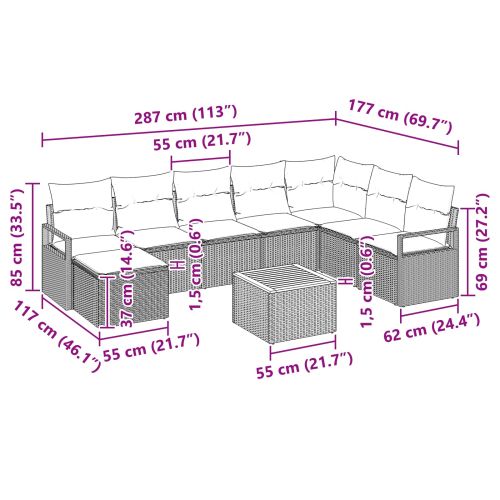 Градински Софа Комплект с възглавница 9 pcs Сив полиратан