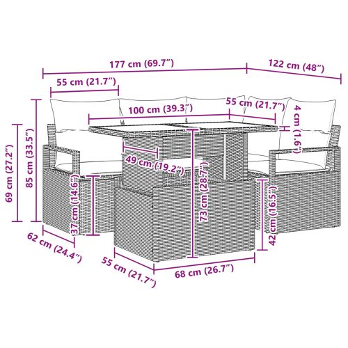 Градински Софа Комплект 5 pcs Кафяво и червено полиратан
