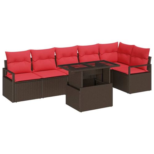 Градински Софа Комплект 7 pcs Кафяво и червено полиратан