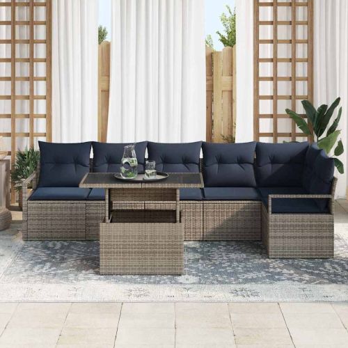 Градински Софа Комплект 7 pcs Сив и тъмен син полиратан