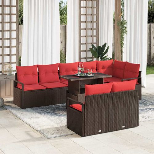 Градински Софа Комплект 9 pcs Кафяво и червено полиратан