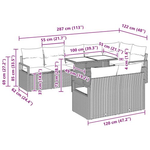 Градински Софа Комплект 9 pcs Кафяво и червено полиратан