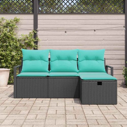 Комплект дивани с възглавница 4 pcs Черен и Туркоаз полиратан