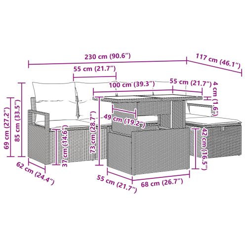Градински Софа Комплект с възглавница 6 pcs Черно Полиратан