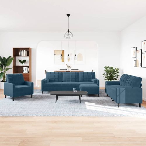 Мека мебел от 4 части с възглавници и болстери син кадифе