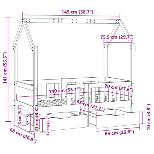 Детско легло рамка с чекмеджета без матрак 70x140 см бор масив