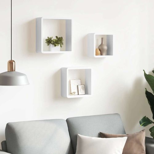 Стенни кубични рафтове, 3 бр, бели, МДФ