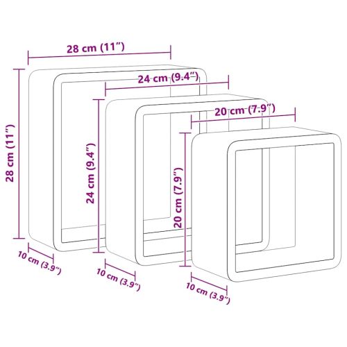 Стенни кубични рафтове, 3 бр, бели, МДФ