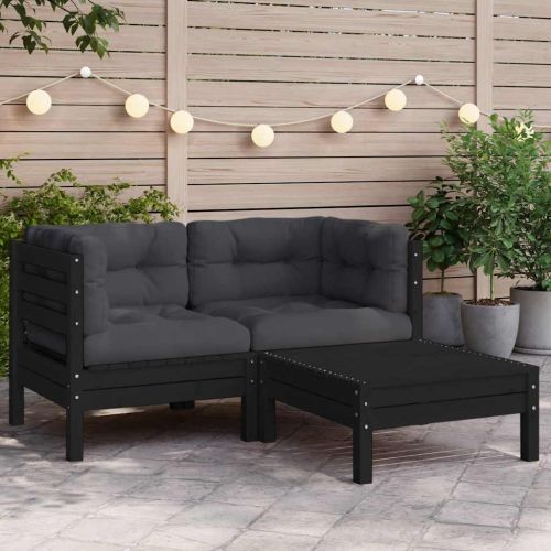 Градински комплект от 3 части, с възглавници, черен, бор масив