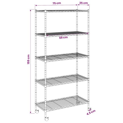 5-етажен стелаж за съхранение с колела 75x35x155 см хром 250 кг